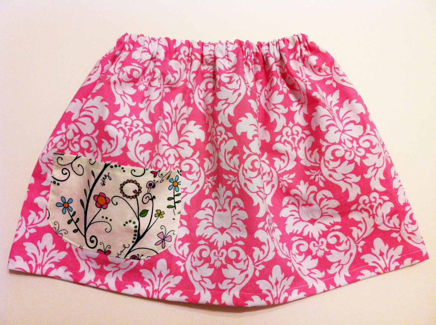 Girls Summer Skirt with Pocket Pink Damask 2T