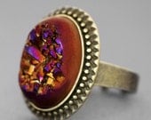 TITANIUM BURGUNDY Or Gold DRUZY Natural Stone Ring - Gemstone Ring Decorative Vintage Bronze Bezel, Adjustable Band