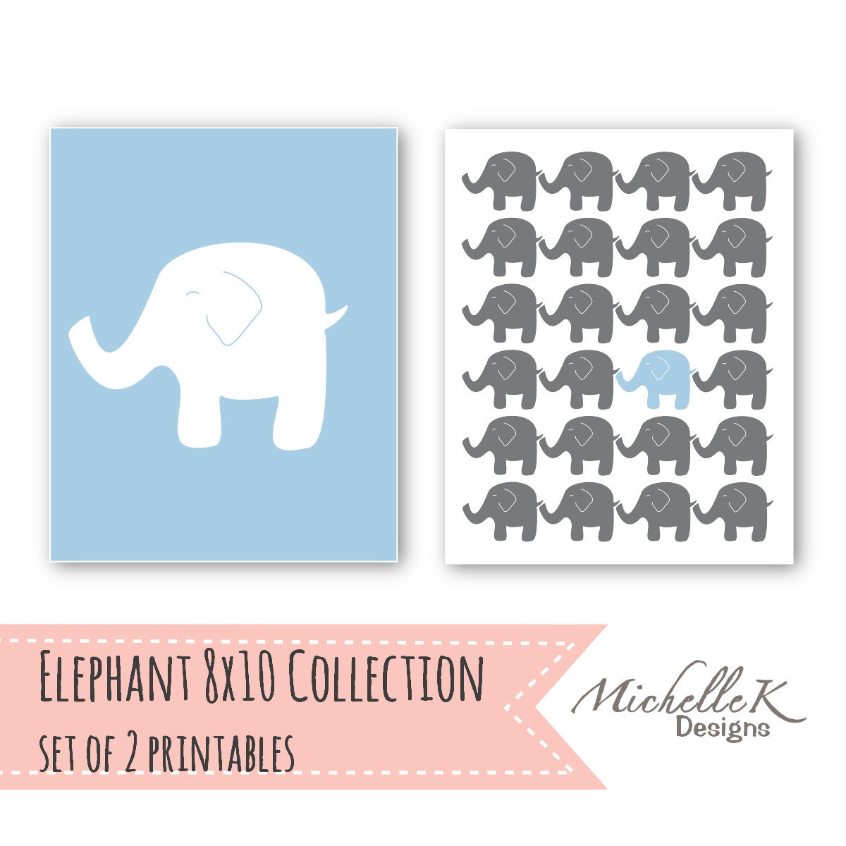 SALE - Elephant Collection Printable Art Set- Two coordinating 8" x 10" high resolution JPEGs - in Pale Blue - Instant Download