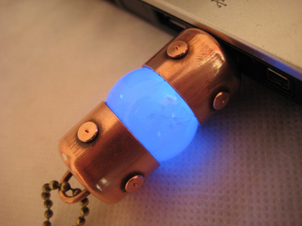 BLUE 16GB USB flash drive with natural rose quartz gemstone. Steampunk