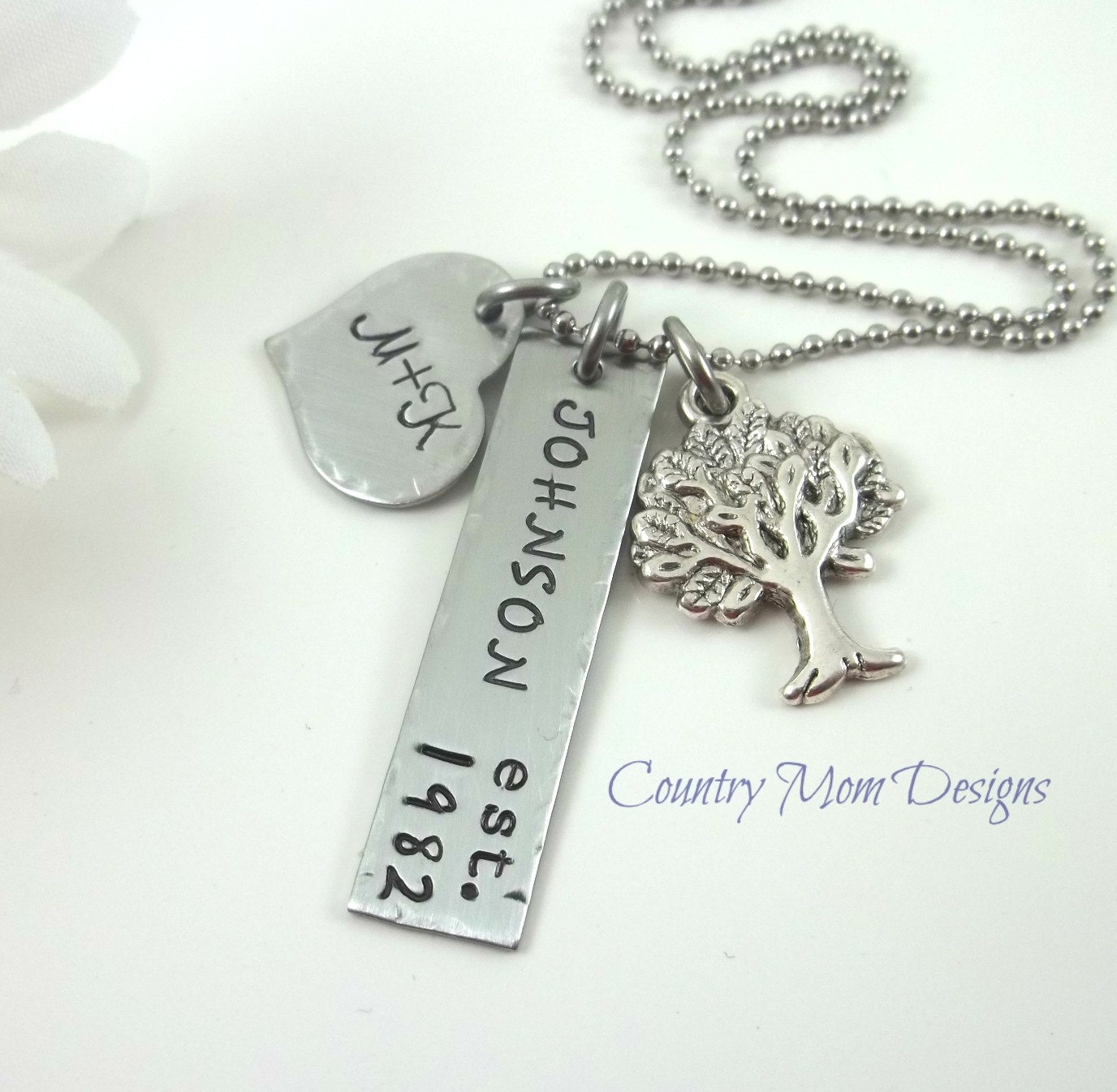 Personalized Necklace Hand Stamped Family Tree Est. Year Stainless STeel