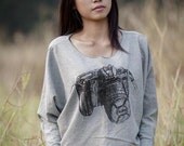 Camera sweater ,Camera sweatshirt , Black Nikon Digital camera Screen Printed on  Bat Style Pullover Half Body In Gray long sleeve t-shirt.