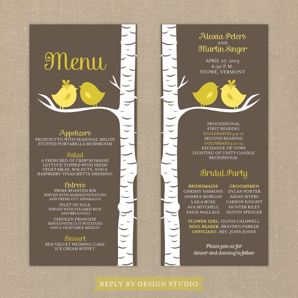 Wedding Menu and Program (For the Birds) - Digital Files/DIY (Customizable Love Birds Design)