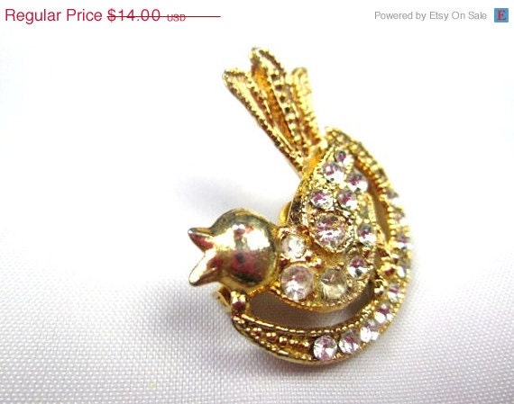 Rhinestone Gold Bird Brooch 1950s Vintage Jewelry