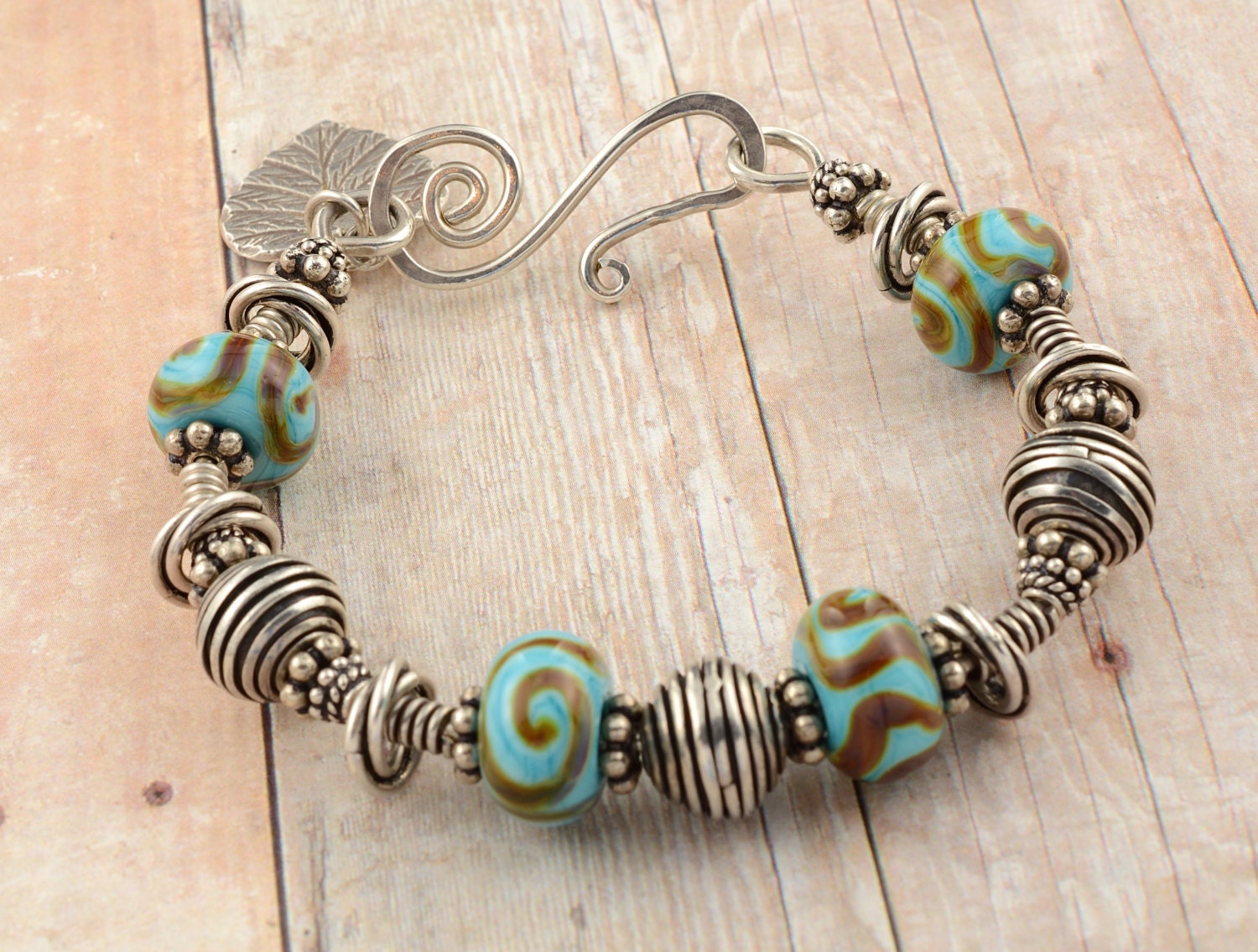 Balinese Silver,  Lampwork Glass Beads and Sterling Silver Wire Coiled Bracelet/ Artisan Jewelry