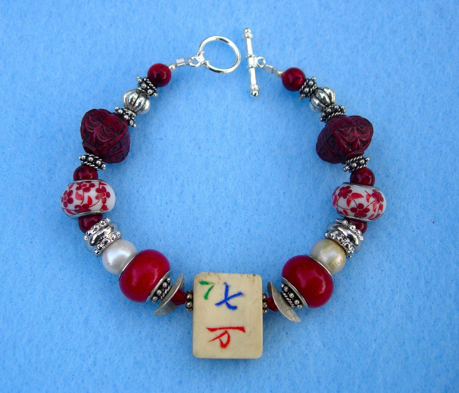 Beaded Bracelet with Vintage Miniature Hand-Carved Bone-Bamboo and 7  Crack Mah Jongg Mah Jong Tile