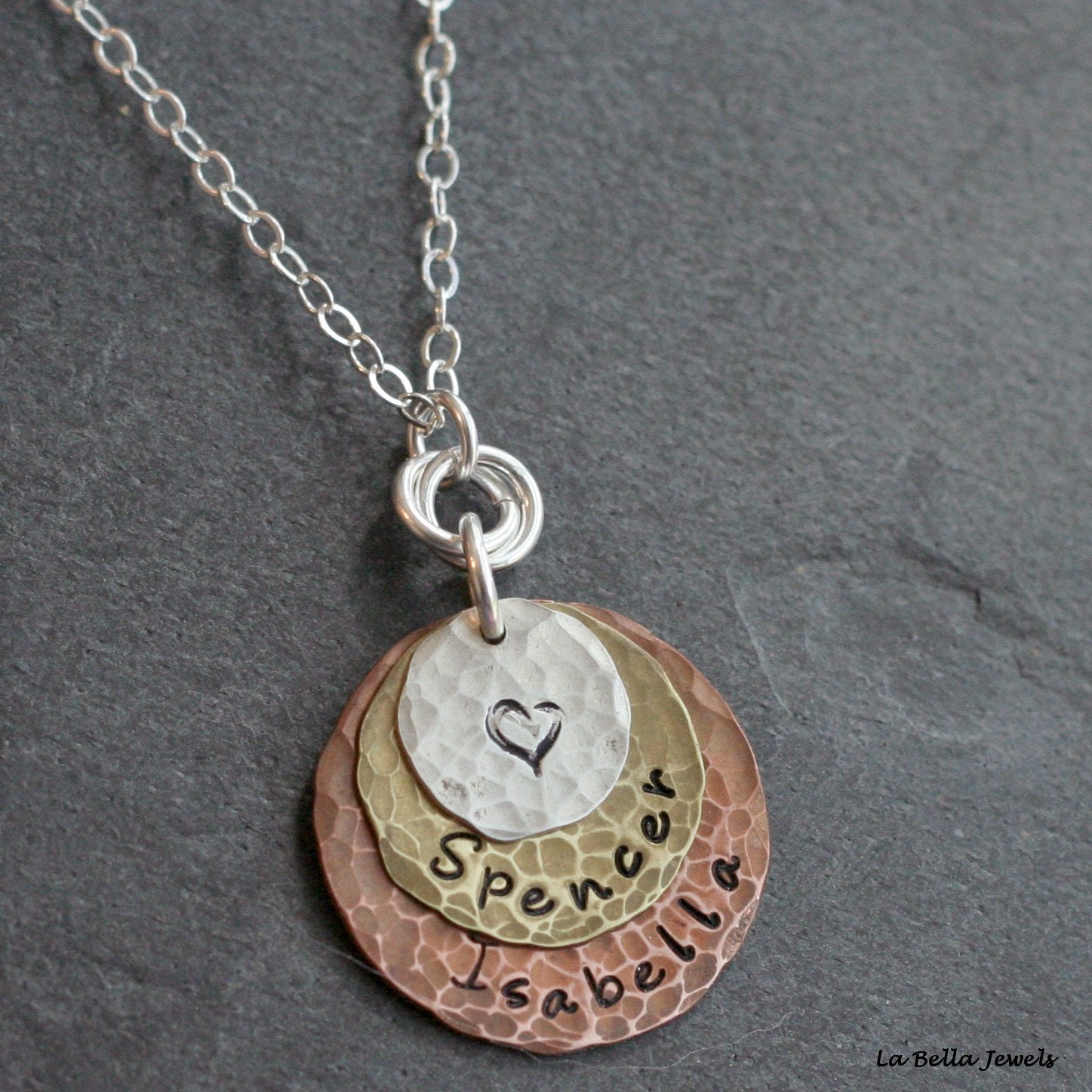 Custom Personalized Hand Stamped Tri Color Mixed Metals Three Layers of Love Necklace for Mom Grandma