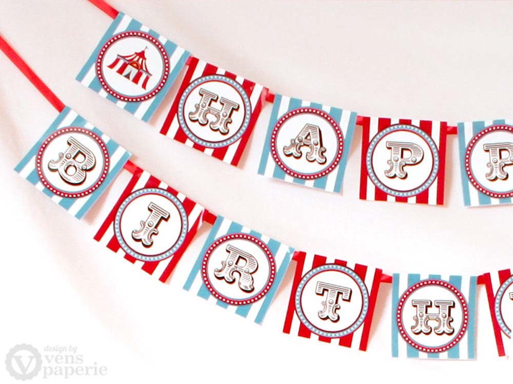 Vintage Blue Carnival Circus Birthday Party - DIY PRINTABLE Happy Birthday Banner - Instant Download - design by venspaperie - PS801CA1e
