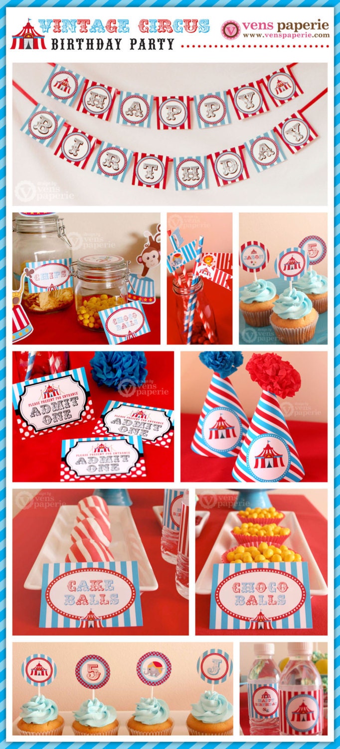 Vintage Blue Carnival Circus Birthday Party Package Personalized FULL Collection Set - PRINTABLE DIY - PS801CA1x