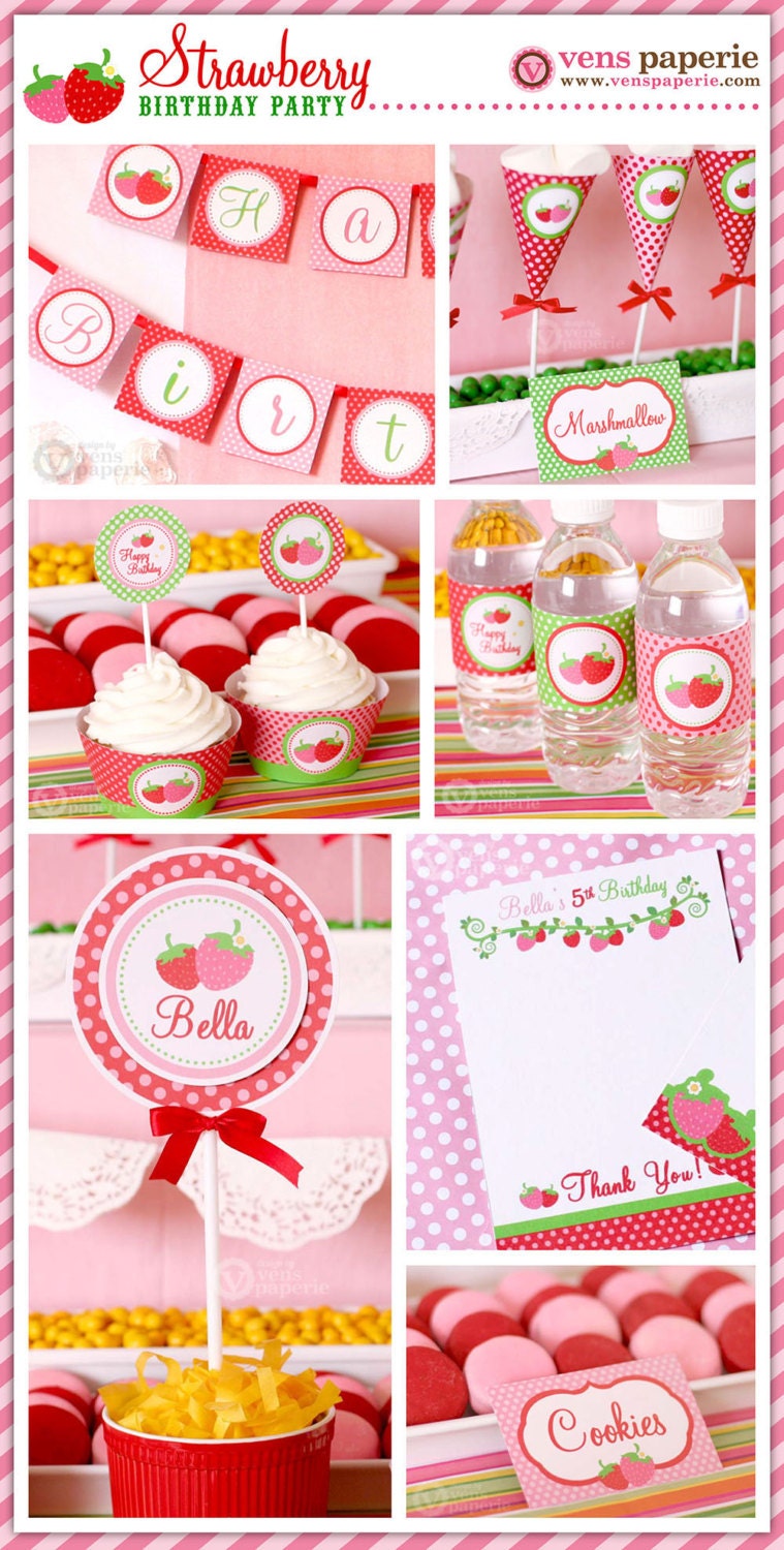 Special Price - Red Pink Berry Strawberry Birthday Party Package Personalized FULL Collection Set - PRINTABLE DIY - PS803CA1x