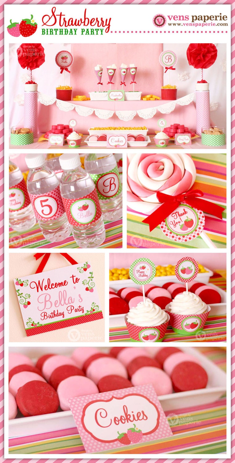 Special Price - Red Pink Berry Strawberry Birthday Party Package Personalized FULL Collection Set - PRINTABLE DIY - PS803CA1x