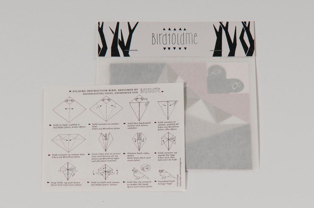10 DIY birds, 2 of each colour variation, foldingdrafts and folding instruction (paper, video)