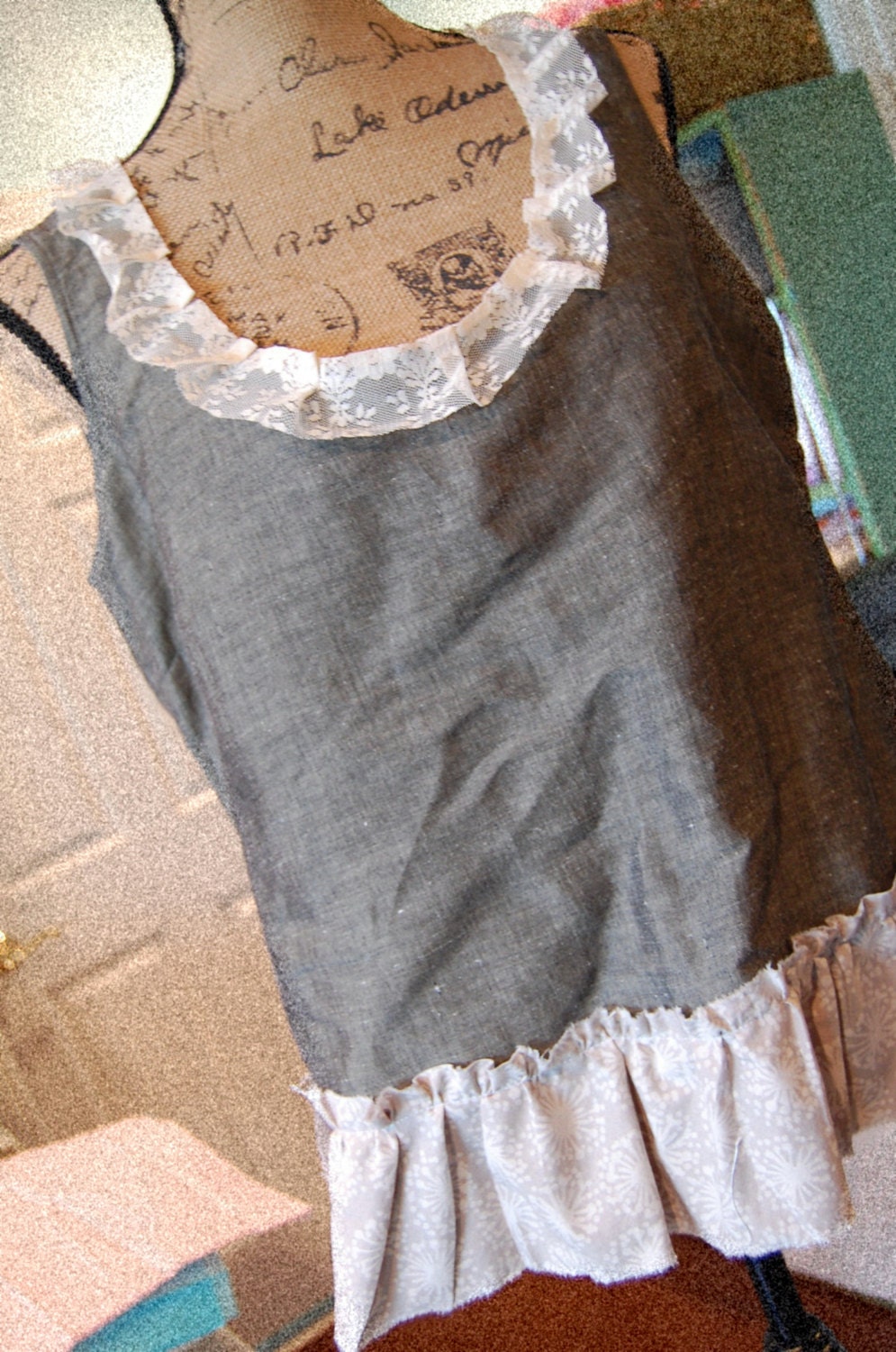 Charcoal Grey Sleeveless Top Tank Womens Clothing Shabby Chic Country Cowgirl Prairie Romantic Eco Upcycled Vintage Lace