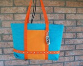 Hand Woven Plarn Tote or Market Bag - Teal and Orange