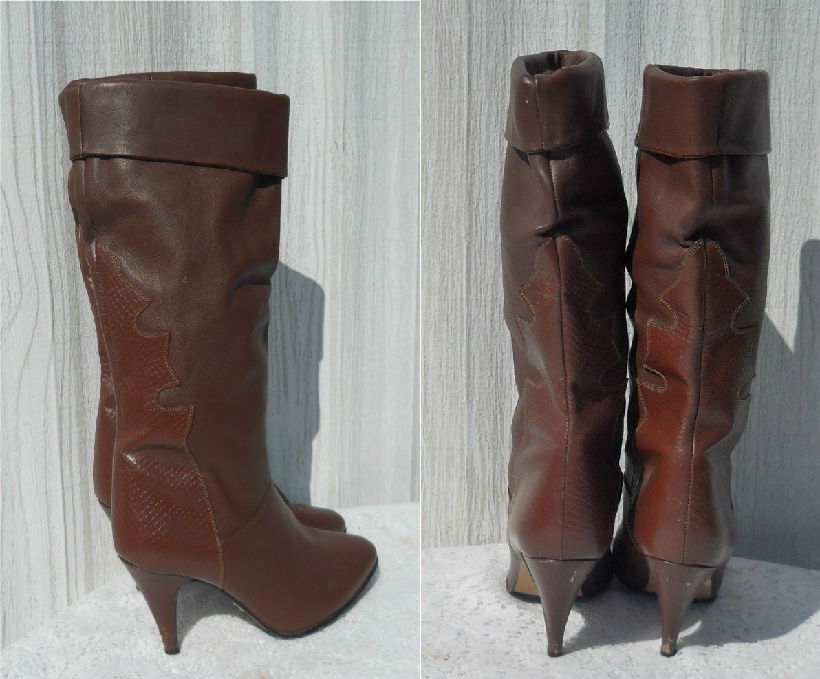 Boho Chic Boots Tall Boots High Heel Boots Rust Boots Brown Leather Boots Womens Boots 70s Boots Fashion Boots Indie Boots Mid Calf Boots