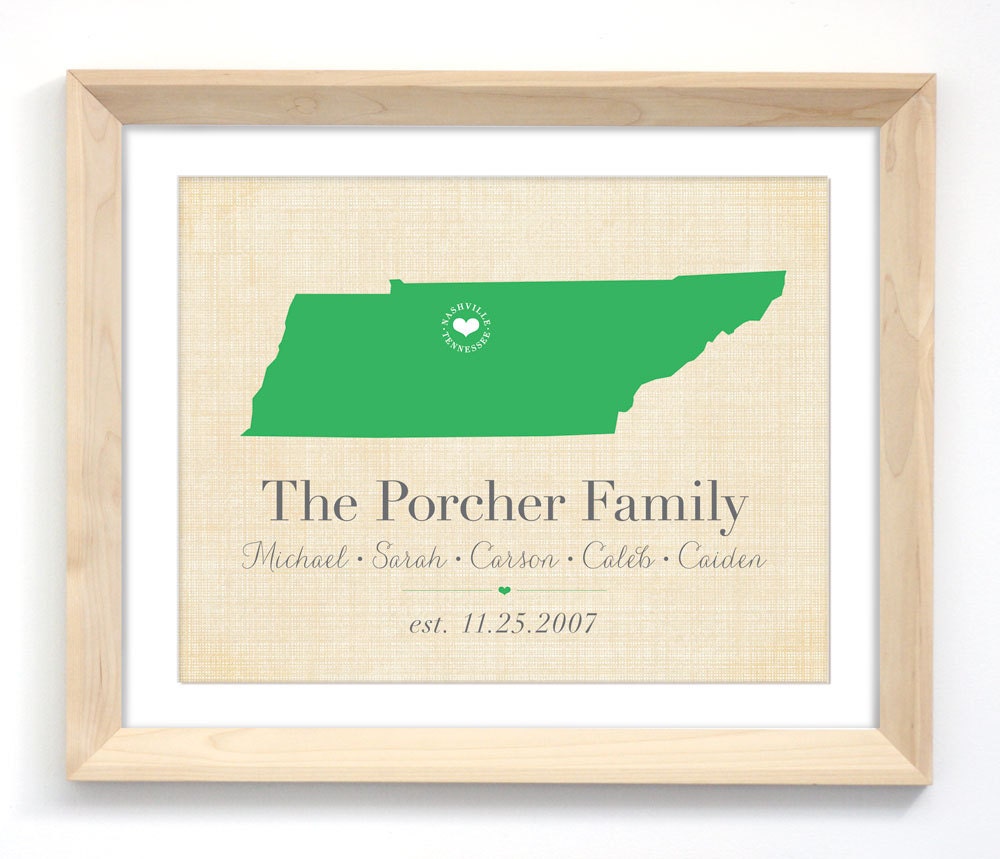 State Map Art Print - Customized Family Art - Tennessee or Your Choice of City, State, Colors