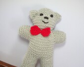 Hand Knit Bear, Little Brown Bear in Bowtie, 9" Waldorf Toy, Huggable Plush Teddy, Pocket Teddy Bear