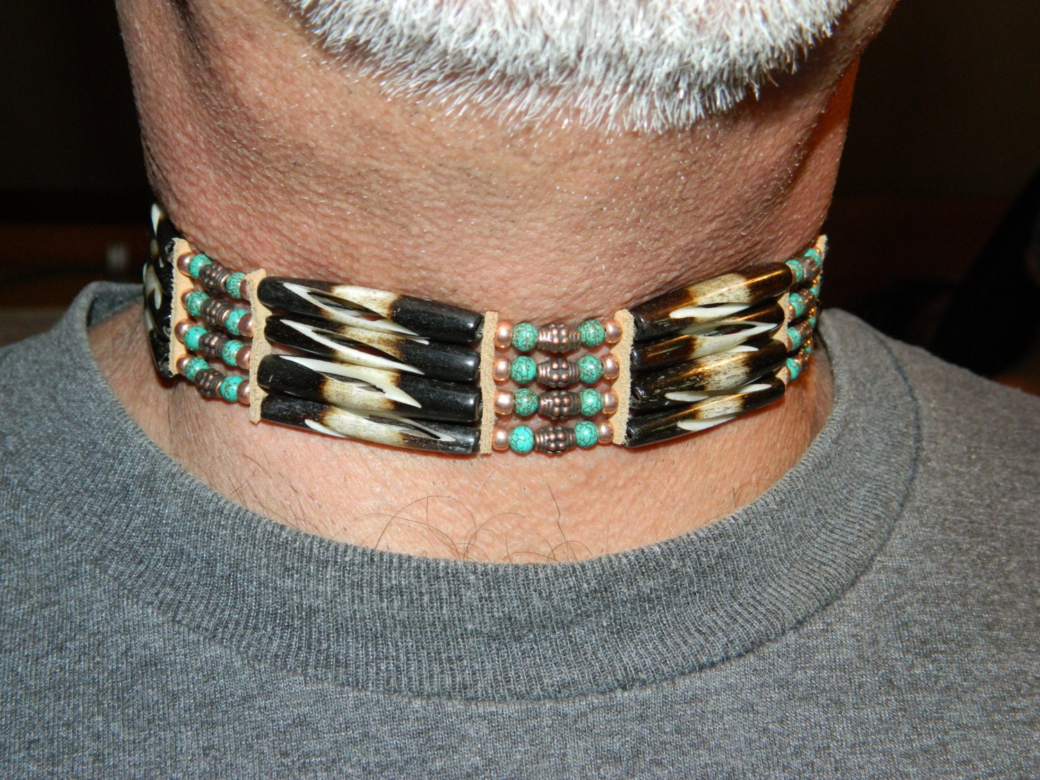 Native American Handcrafted Choker made with Carved Bone Beads, Turquoise and Copper