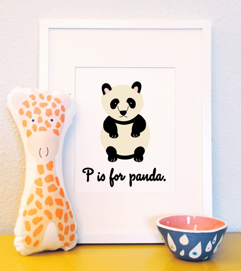P is for Panda original woodland animal portrait nursery illustration print 8x10