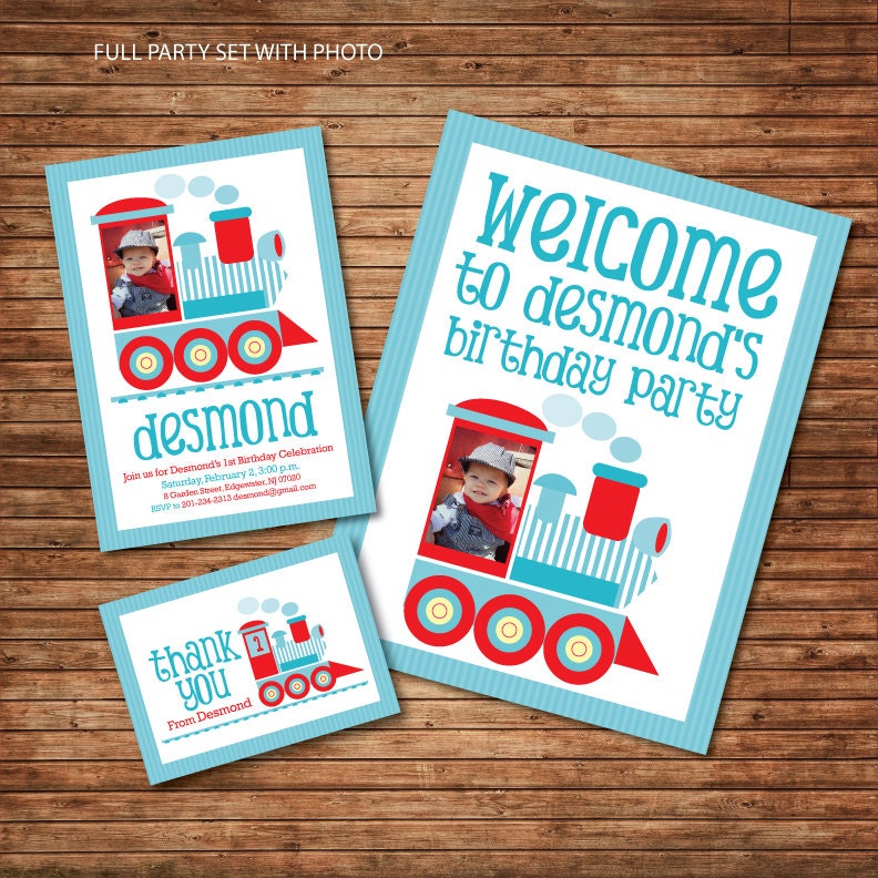 PRINTABLE Train Birthday, PHOTO Customized Invitation, DIY birthday decoration, matches Thomas the train, blue and red