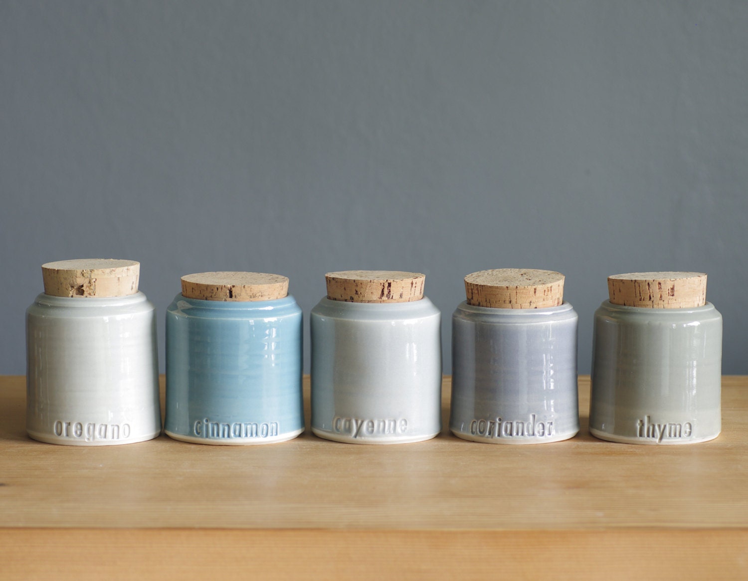 MTO 5 custom spice jar set. custom named bottles. modern pottery minimal design