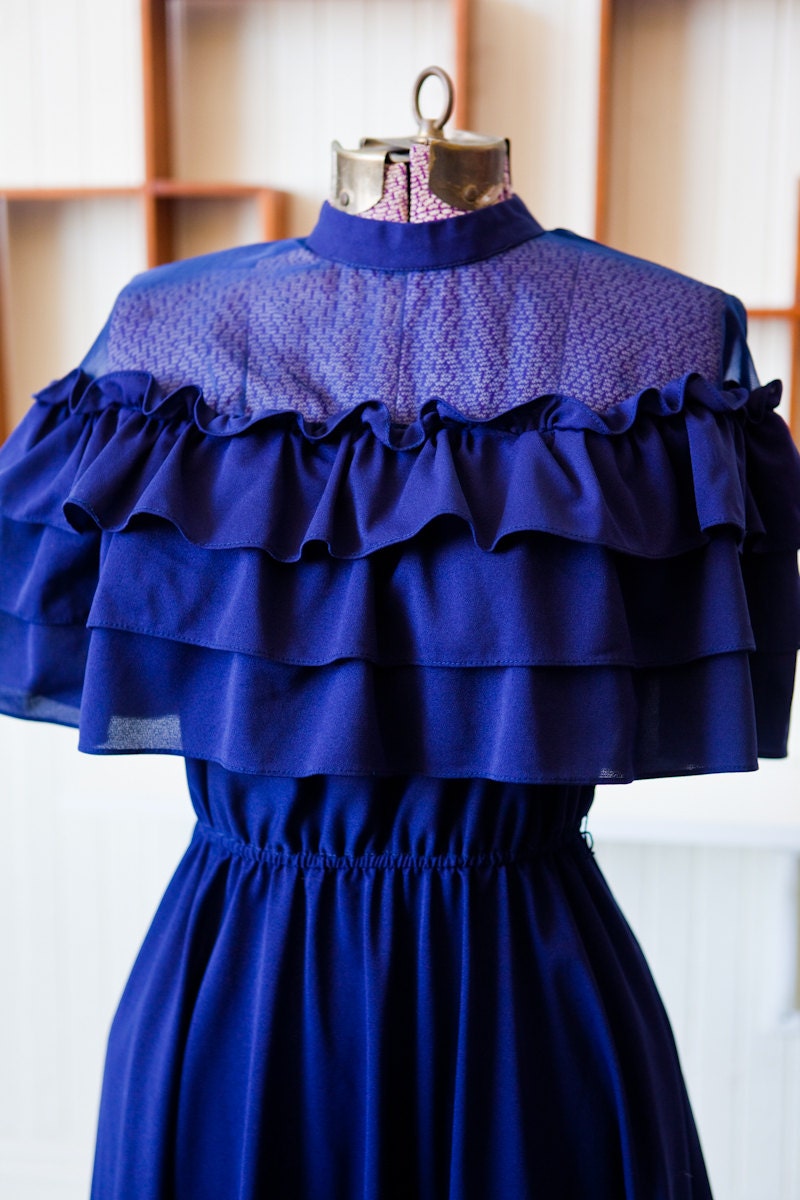 Vintage 70s Dress / Cobalt Blue Ruffled Party Mini Dress