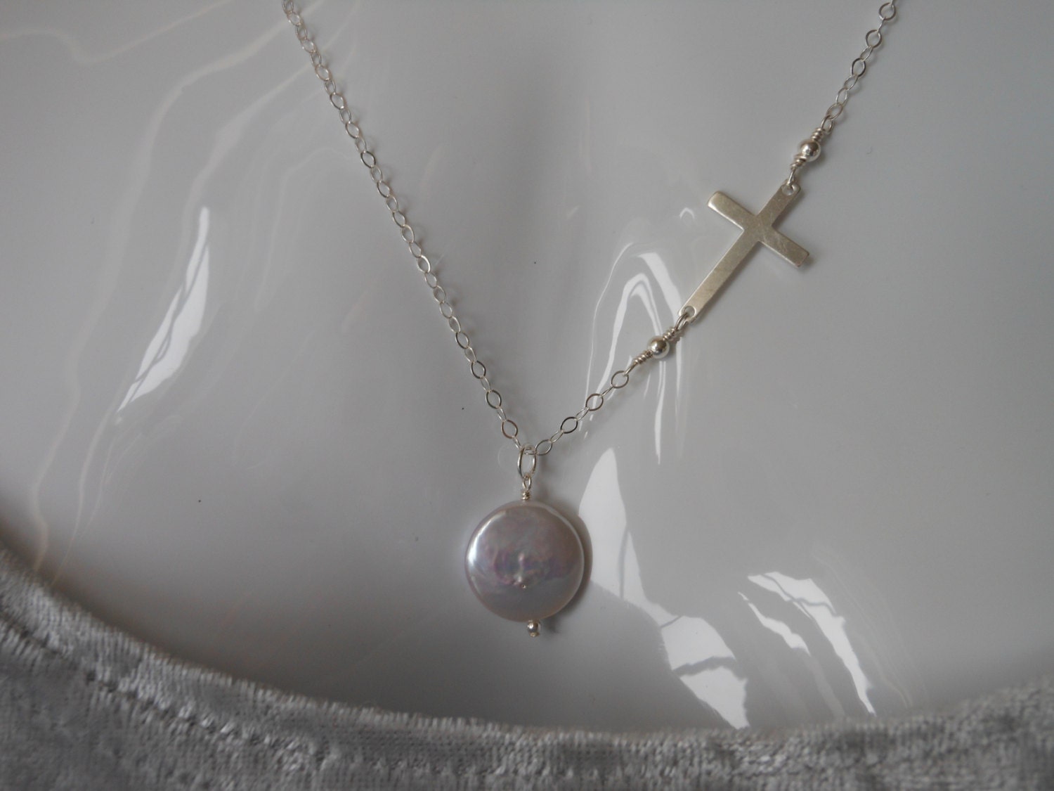 Side Cross Necklace, Silver Cross, Freshwater Pearl Necklace, Mothers Day Gift, Spiritual, Sisters, Grandmother