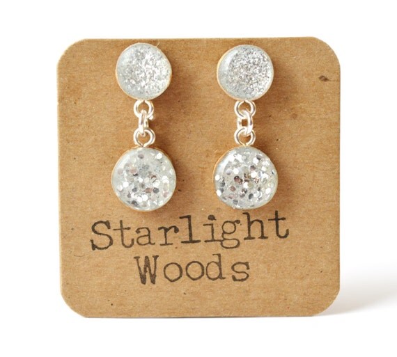 Silver sparkle drop dangle earrings drop earrings sparkle jewelry eco fashion wood earrings Minimalist jewelry  eco friendly eco fashion