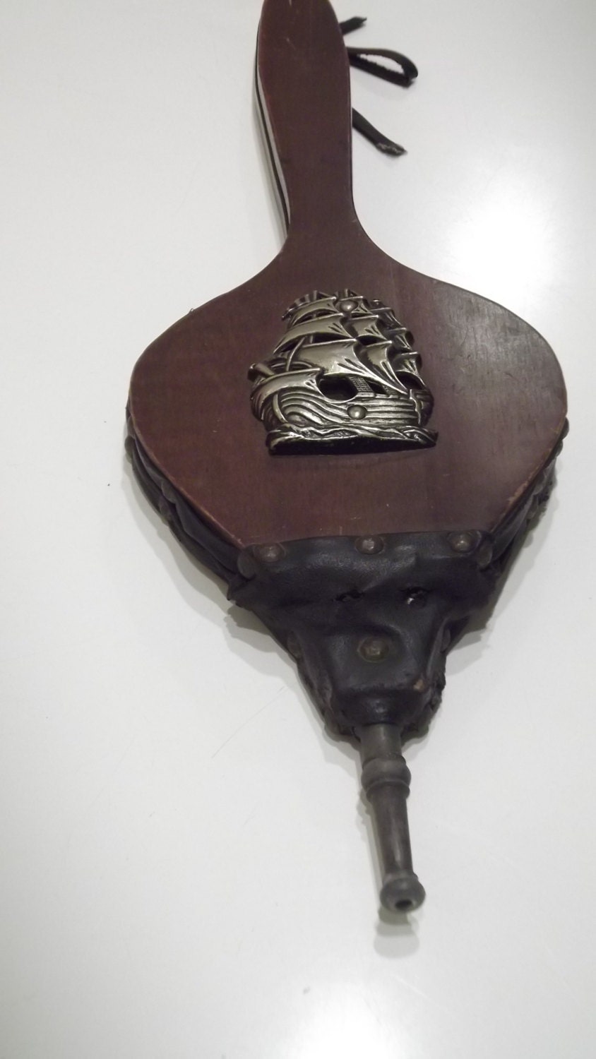 Vintage Bellows Beautiful Wood, Leather and Cast Metal Ship Decoration.