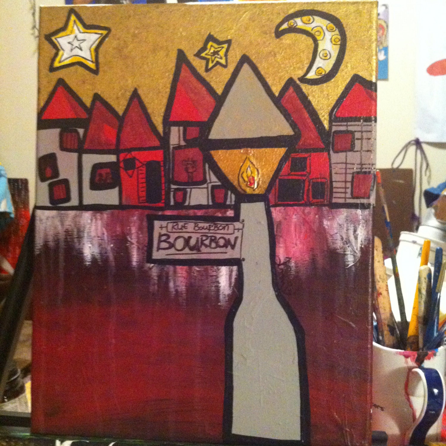 Lights down bourbon paint the town red acrylic painting on 11x14 staple back easy to hang canvas