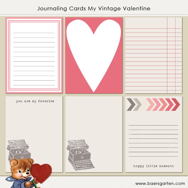 INSTANT DOWNLOAD - Printable Journaling Cards "Vintage Valentine" - Project Life - Scrapbooking