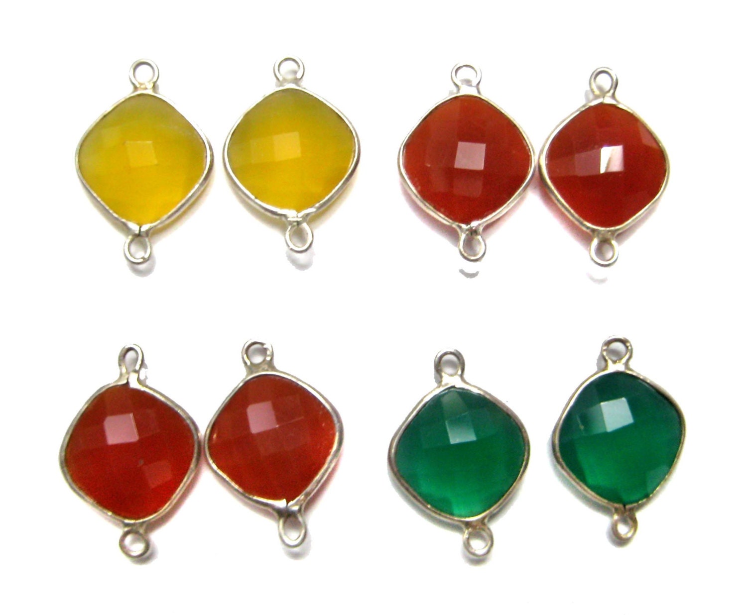 1 Pair of 925 Sterling Silver Bezel Connector setted cushion shape Faceted Gemstones , Two Rings connector links , fine quality gemstone
