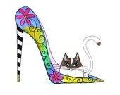 Whimsical Pink Flower Power High Heel Groovy Fashion Shoe Feline Cat Original Illustration Watercolor Painting