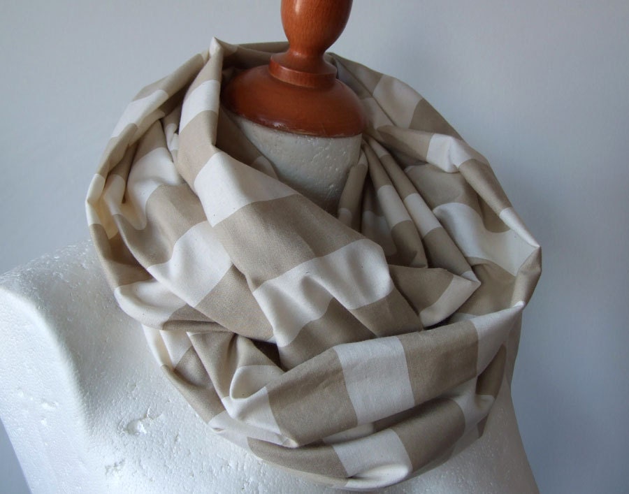 Unisex infinity scarf loop / chunky hipster scarf / wheat and khaki striped scarf / organic cotton circle scarf / handmade summer scarf