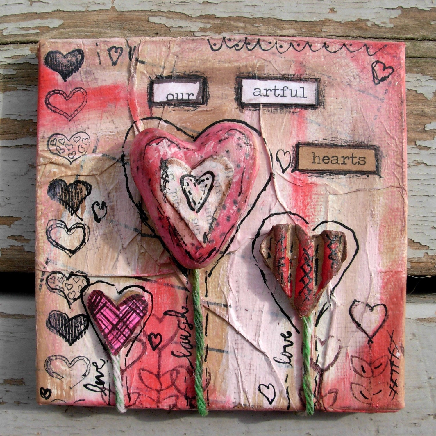 Our Artful Hearts  - Tiny 4x4 Mixed Media Original Canvas
