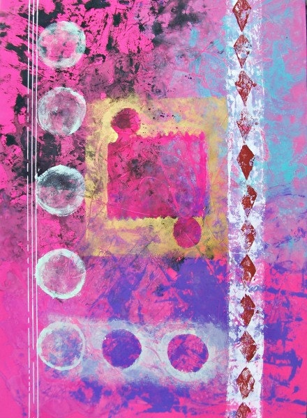 Hot pink purple and gold original art circles and geometrical shapes mixed media recycled paper home office decor 19.5"x 25.5"