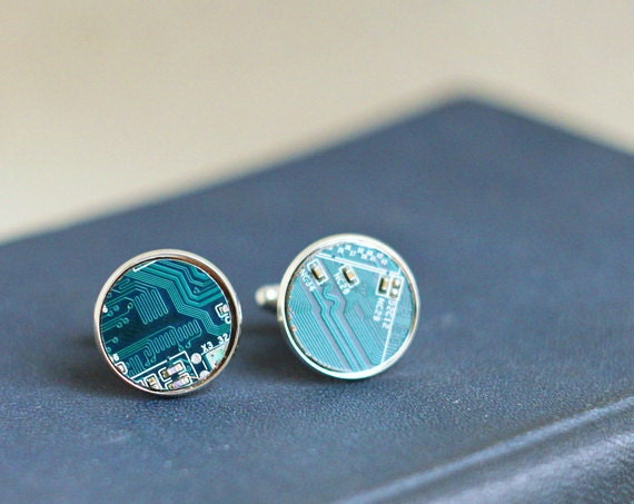 Men - Cufflinks - Geekery - Blue Circuit board - Groomsmen or Best Man accessory - unk