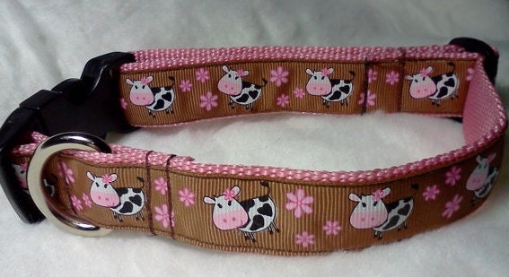 Cow Dog Collar: Adjustable Milk Chocolate Cow on Pink Heavy Duty Nylon Webbing Girl Dog Collar, Girl Cow Dog Collar