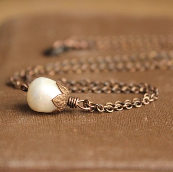Vintage inspired ivory fresh water pearl pendant antique brass chain bronze copper--"Woodland"