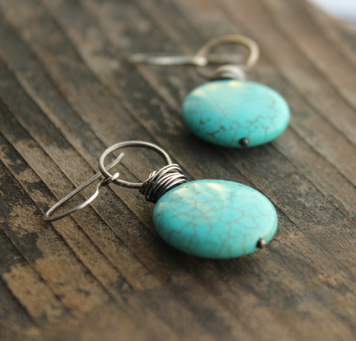 Round blue turquoise Howlite coin sterling silver oxidized antiqued rustic earrings--"Rustic"