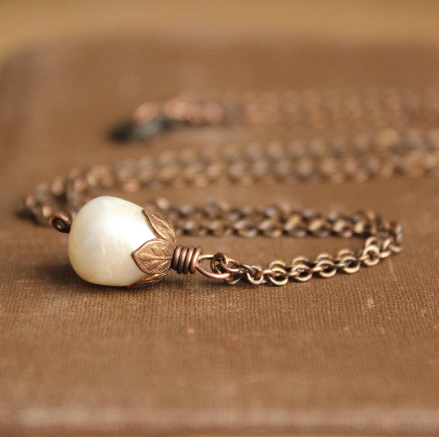 Vintage inspired ivory fresh water pearl pendant antique brass chain bronze copper--"Woodland"