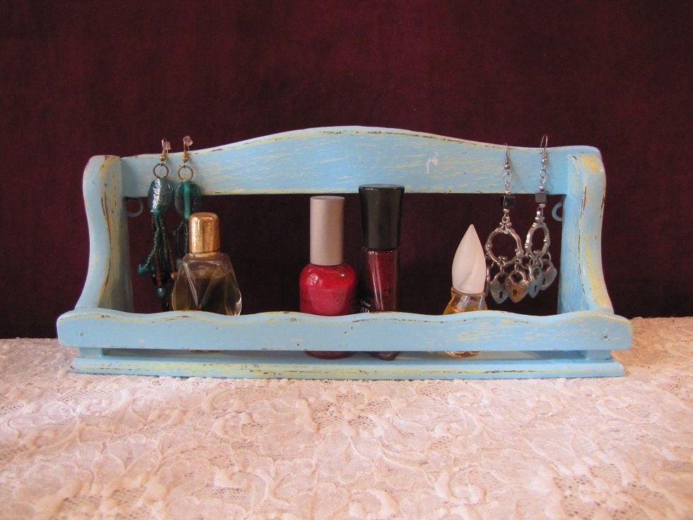 Aqua Shabby Chic Wood Spice Rack Repurposed