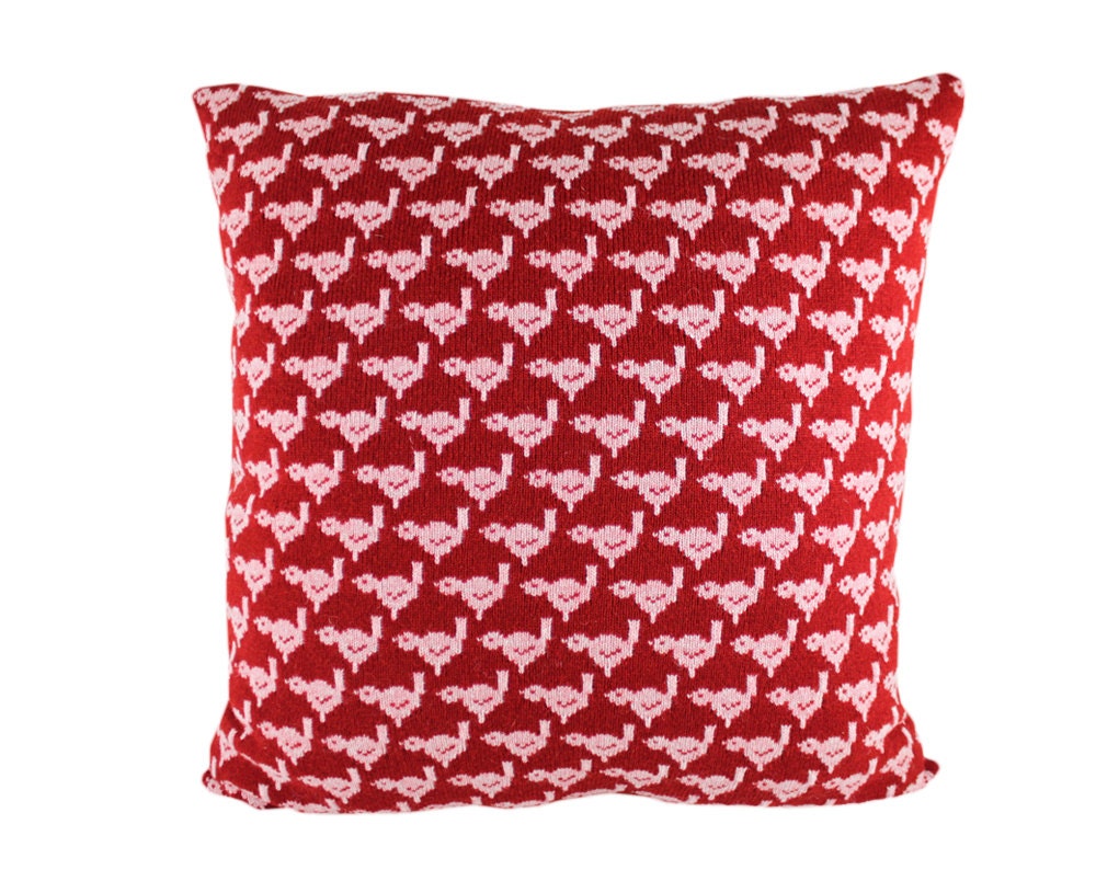 Large wool / leather pillow - little birds in red 23"x23"
