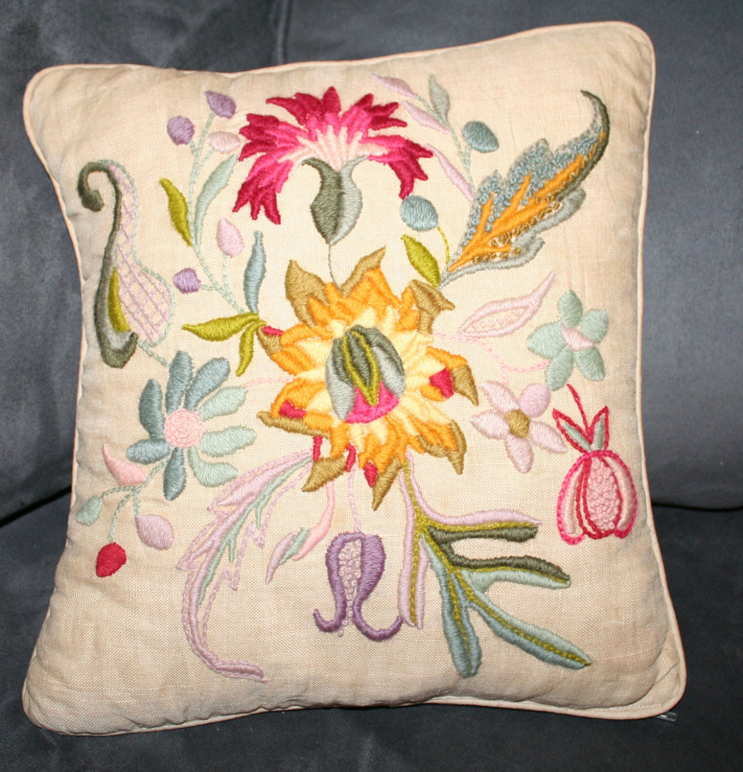 Vintage floral embroidered pillow