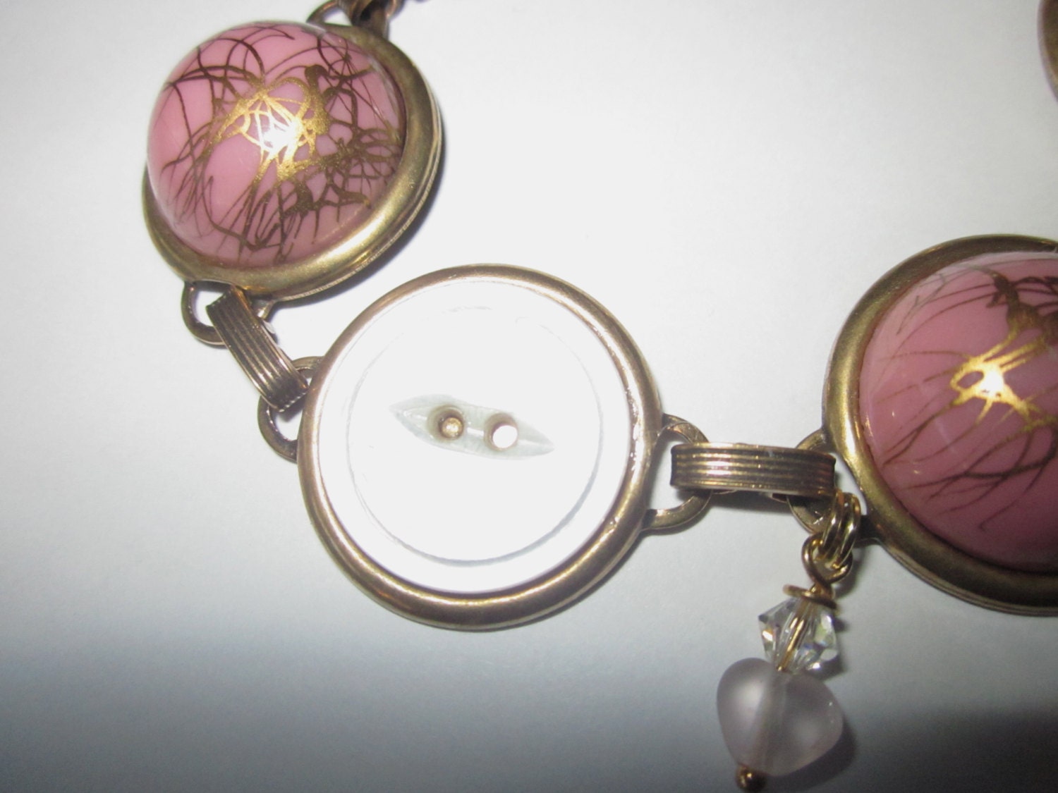 Antique button bracelet, pink/gold glass & mother-of-pearl shell buttons