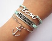 believe LOVE bracelet---love letters bracelet---antique silver anchor&green wax rope chain
