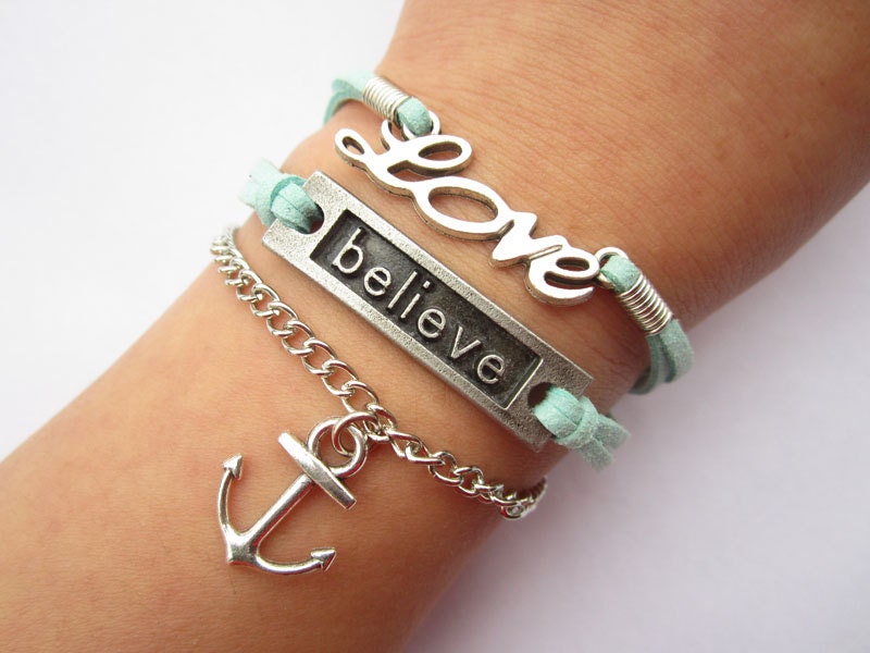 believe LOVE bracelet---love letters bracelet---antique silver anchor&green wax rope chain