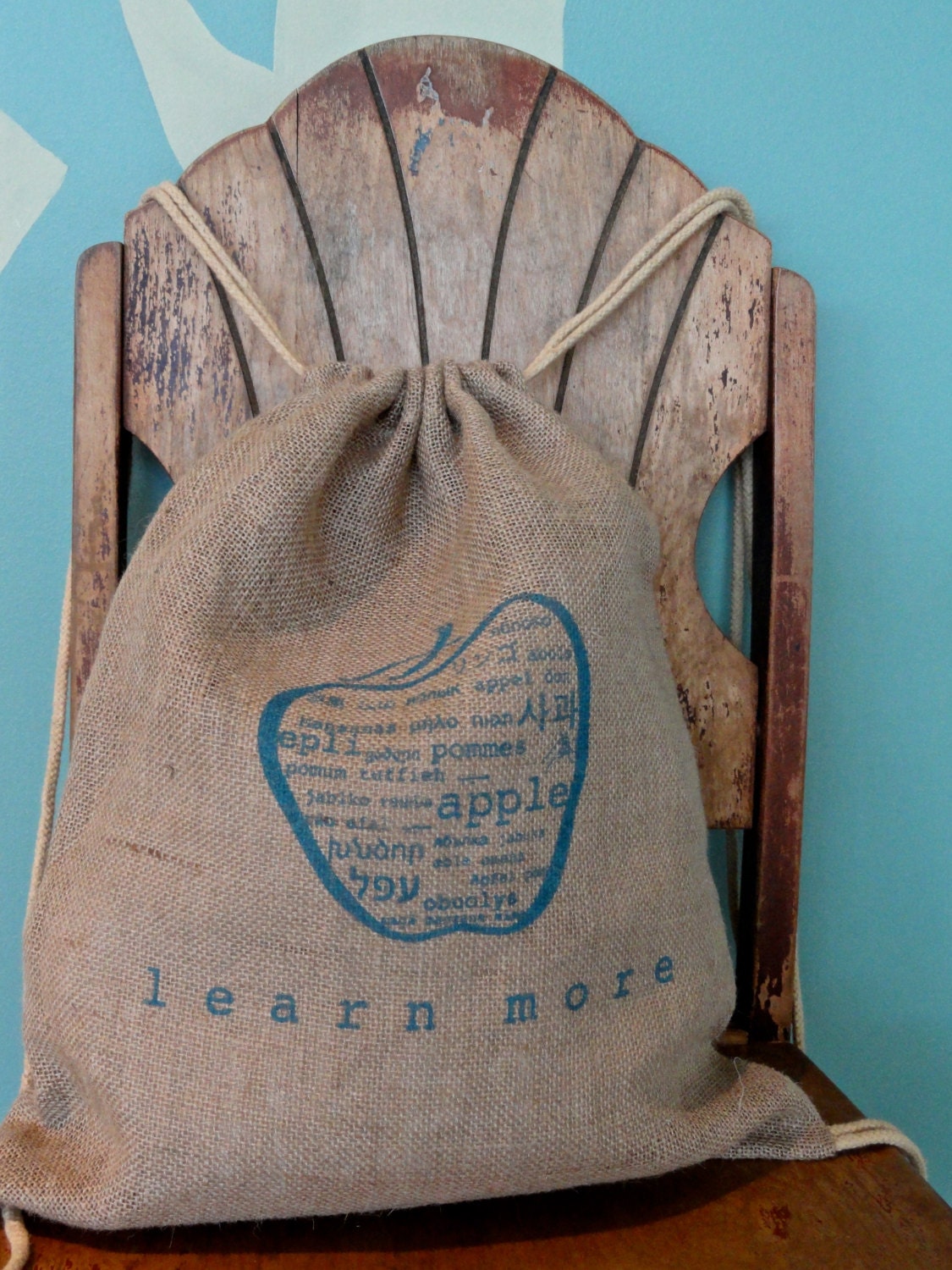 Learn More, Jute / Burlap drawstring backpack