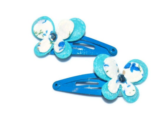 Blue Butterfly Snap Clip Set with Rhinestone Centers