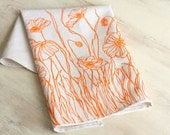 Dish Towel Tea Kitchen Linen Tangerine Orange Poppy Flower Grass Cloth Screen Print Hand-Printed Hostess Gift Single Towel
